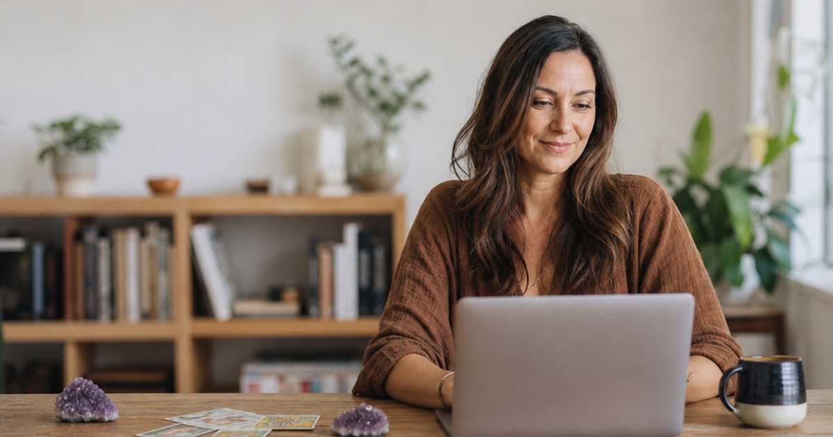 A woman working at a laptop in a sunlit home office with tarot cards and crystals on the desk, representing a publisher promoting psychic reading services